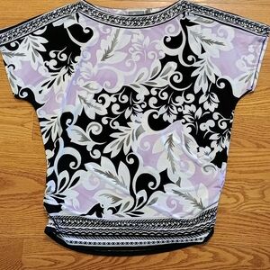jm collection Purple Black Short Sleeve Print‎ Top With Beading Size Medium